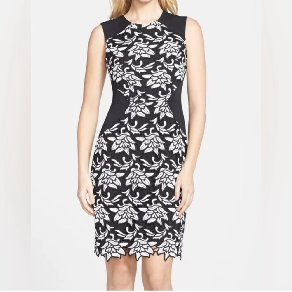 BCBGMaxAzria Laurine Black White Floral Lace Sheath Dress Sz 8